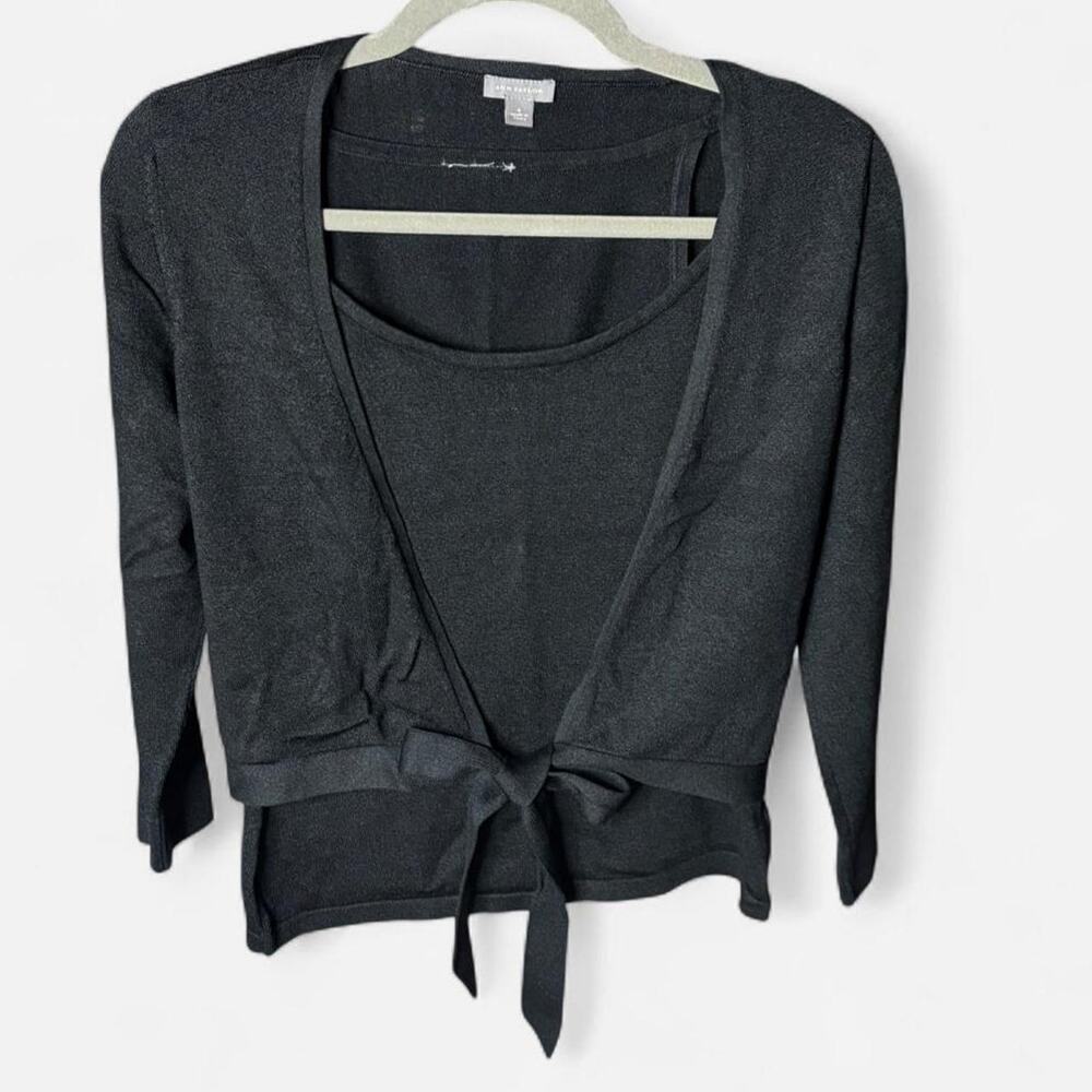 Ann Taylor Silk Blend 2 Piece Twinset Cardigan Tank Top Black Small Tie Front